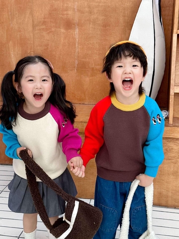 Áo len raglan cổ tròn mix màu 4 mẫu bé trai, bé gái