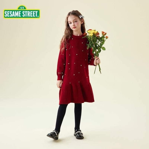 Váy len đỏ Sesame Street đính ngọc bé gái size đại