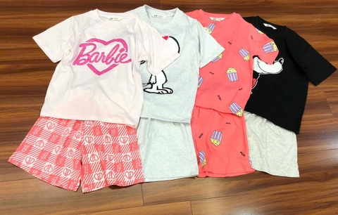 Bộ cotton H&M cộc tay size đại Mẹ&Bé 5 mẫu Mickey đen, bắp rang bơ, Snoopy ghi, Barbie hồng