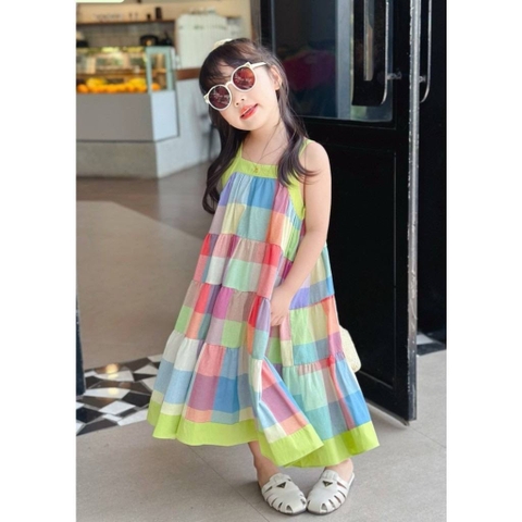 Váy thô hai dây maxi Sofia Candy kẻ sắc màu