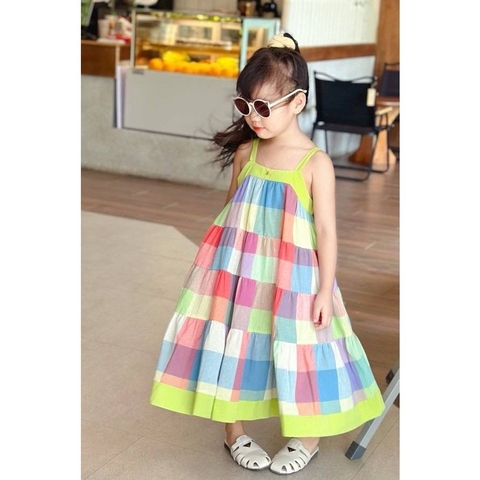 Váy thô hai dây maxi Sofia Candy kẻ sắc màu