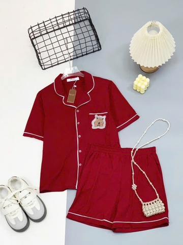 Bộ pyjamas cổ V cotton cộc tay Capybara 4 màu hãng Careia