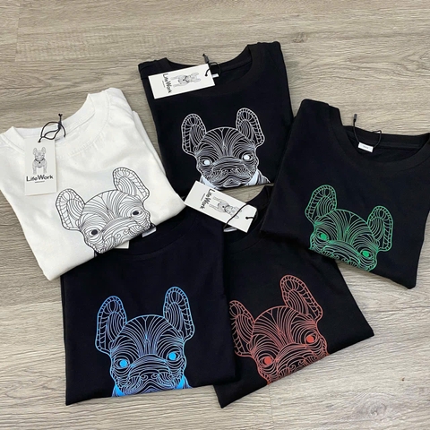 Bộ cotton Life Work cộc tay 2 màu đen, trắng họa tiết chú chó
