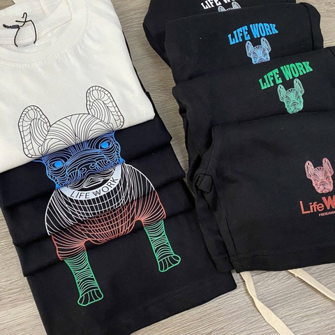 Bộ cotton Life Work cộc tay 2 màu đen, trắng họa tiết chú chó