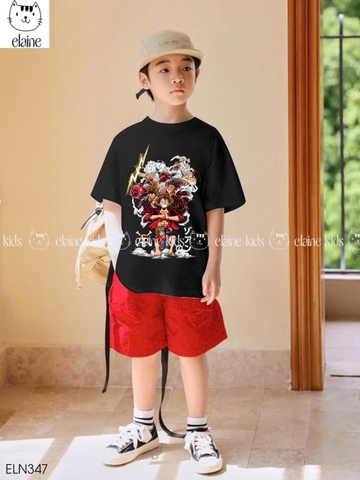 Bộ cotton Monkey D. Luffy One Piece Elaine áo cộc tay đen quần kaki đỏ