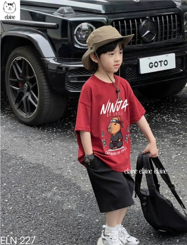Bộ cotton Capybara Ninja Elaine áo cộc tay đỏ quần kaki đen