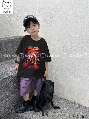 Bộ cotton Minecraft Dungeons Elaine áo cộc tay đen quần kaki tím
