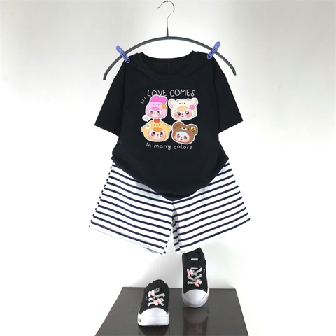 Bộ cotton Baby Three áo cộc tay đen quần kẻ Chihan