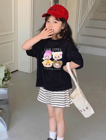 Bộ cotton Baby Three áo cộc tay đen quần kẻ Chihan