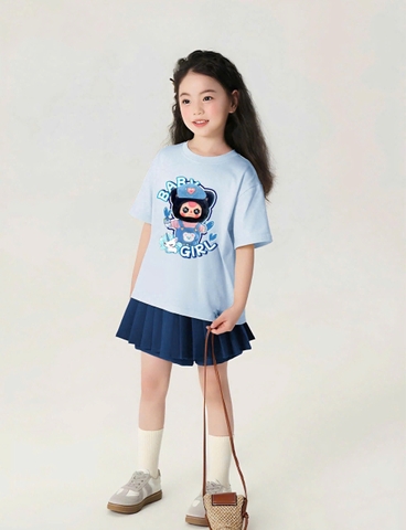 Bộ cotton Baby Three Nabi áo cộc tay trắng chân váy xanh