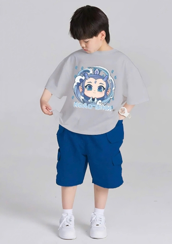 Bộ cotton Ngao Bính chibi Boonana áo cộc tay xám quần sooc kaki navy