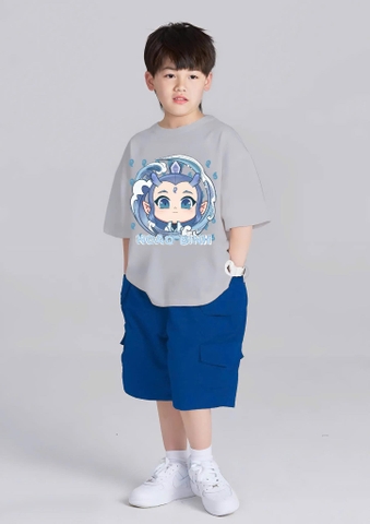 Bộ cotton Ngao Bính chibi Boonana áo cộc tay xám quần sooc kaki navy