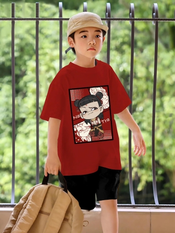 Bộ cotton Na Tra chibi Boonana áo cộc tay đỏ mận quần sooc kaki đen