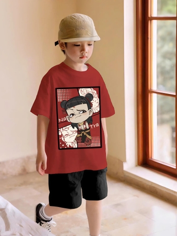 Bộ cotton Na Tra chibi Boonana áo cộc tay đỏ mận quần sooc kaki đen