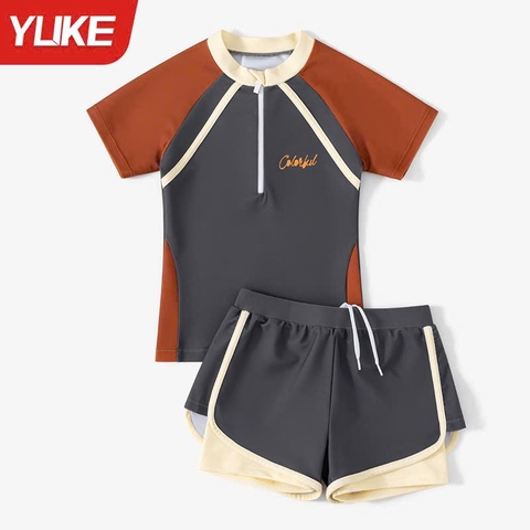 Bộ bơi cộc tay Colorful Yuke bé gái phối GHI CAM NÂU quần 2 lớp