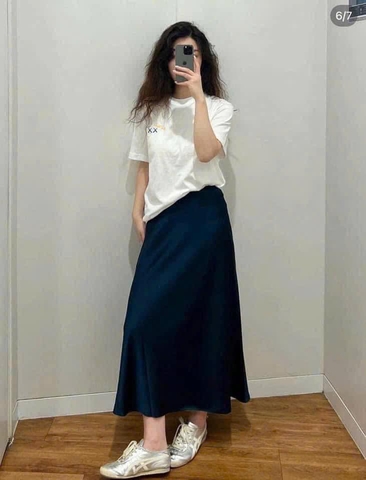 Chân váy lụa màu XANH NAVY Tommy Hilfiger
