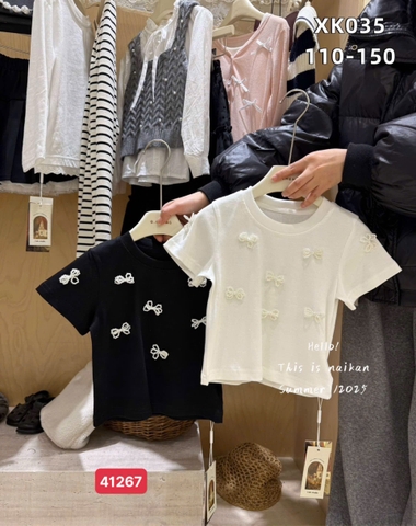 Áo cotton cộc tay đính nơ ngọc màu trắng cổ tròn cho bé