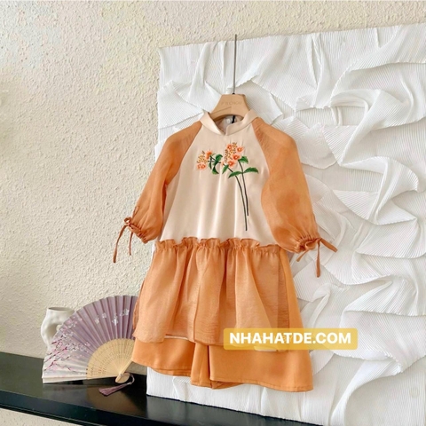 Áo dài voan lụa tay lỡ buộc nơ màu cam TIÊN