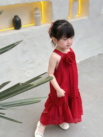 Váy maxi voan cổ yếm đính hoa 3D màu ĐỎ Suzi Kids cho bé