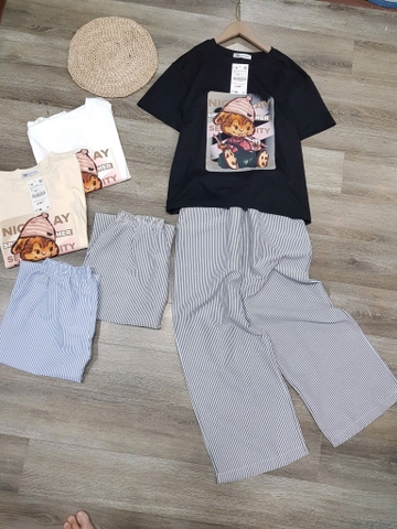Bộ áo phông Zara hình thỏ mũ hồng quần suông kẻ 3 màu cho nữ