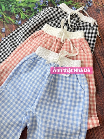 Quần 3-8Y kẻ caro dáng suông cạp chun viền trắng 3 màu đen, hồng, xanh