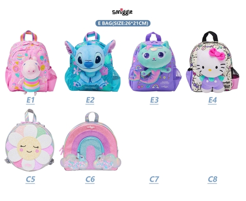 Balo Smiggle 3D mầm non size 26x21cm mẫu Hello Kitty, Peppa, Stitch...