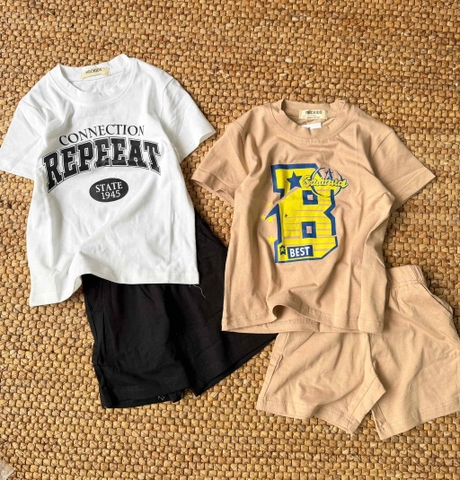 Bộ cộc tay áo nâu chữ B vàng quần sooc MBCKIDS