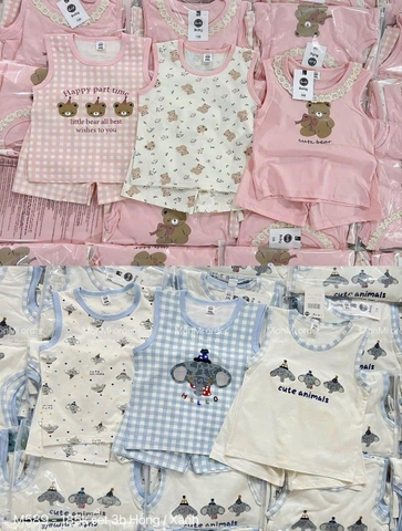 Set 3 bộ cotton sát nách màu xanh, hồng H2.Studio