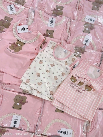 Set 3 bộ cotton sát nách màu xanh, hồng H2.Studio