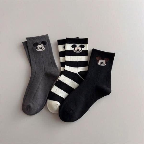 Set 3 đôi tất Mickey đen, xám, kẻ