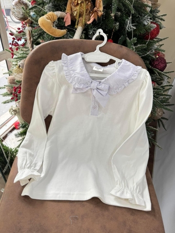 Áo thun trắng dài tay bo chun phối cổ nơ xanh hãng Little Bobdog