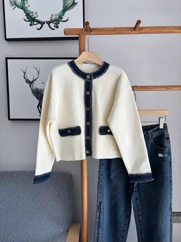 Áo khoác cardigan len SANDRO trắng mix viền jean