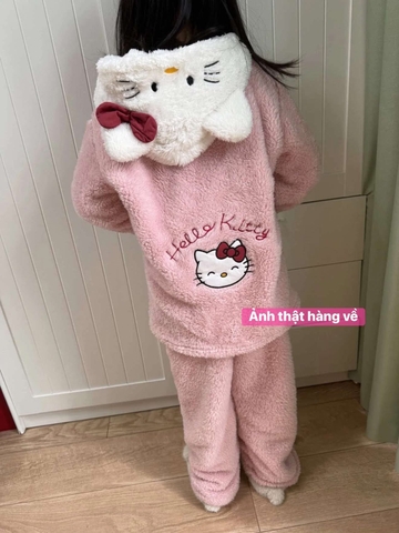 Bộ ngủ bông có mũ Hello kitty màu hồng