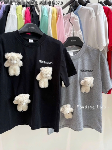 Áo phông cộc tay gắn gấu bông YJIADI 3 màu đen, hồng, ghi xám