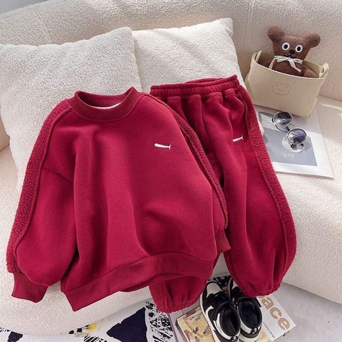 Bộ nỉ bông quần bo gấu màu đỏ cho bé trai