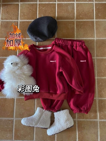 Bộ nỉ bông quần bo gấu màu đỏ cho bé trai