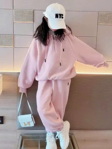Bộ nỉ hoodie bé gái 2 màu xanh và hồng