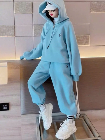 Bộ nỉ hoodie bé gái 2 màu xanh và hồng