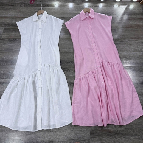 Váy linen cổ đức MNG 2 màu trắng, hồng dáng đuôi cá