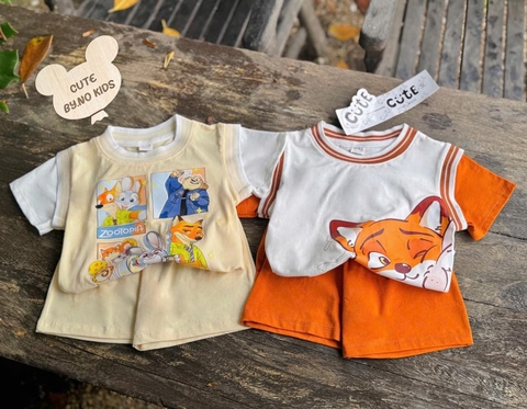 Set 2 bộ cộc tay Zootopia tay phối màu cam, be cho bé