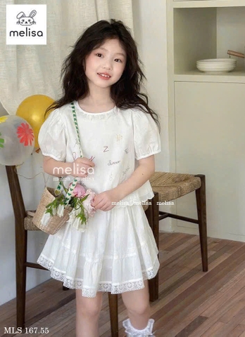 Set áo thêu chữ tay bồng mix chân váy thô phối ren màu TRẮNG hãng Melisa
