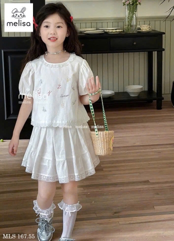 Set áo thêu chữ tay bồng mix chân váy thô phối ren màu TRẮNG hãng Melisa