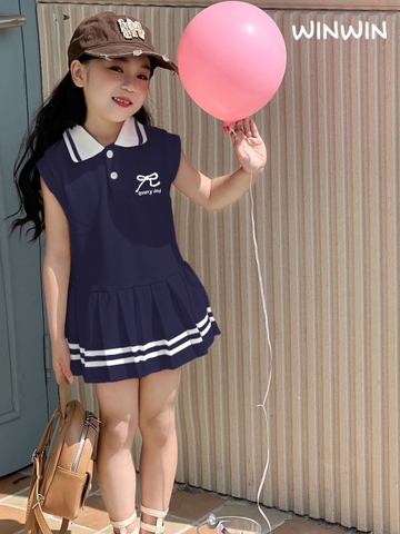 Váy cotton polo tay hến SIZE 3-8Y hình nơ chân váy xếp ly WinWin 3 màu xanh, trắng, hồng