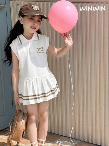 Váy cotton polo tay hến SIZE 3-8Y hình nơ chân váy xếp ly WinWin 3 màu xanh, trắng, hồng