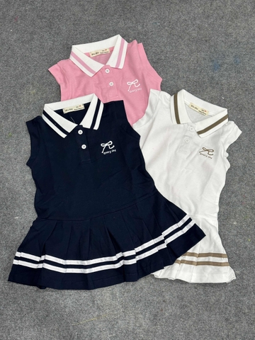 Váy cotton polo tay hến SIZE 9-14Y hình nơ chân váy xếp ly WinWin 3 màu xanh, trắng, hồng