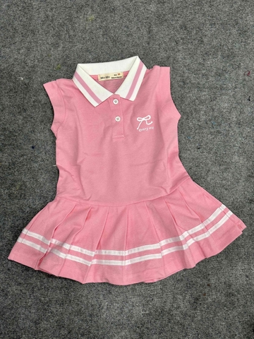 Váy cotton polo tay hến SIZE 9-14Y hình nơ chân váy xếp ly WinWin 3 màu xanh, trắng, hồng