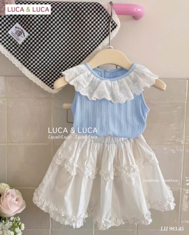 Set áo sát nách xanh phối ren kèm chân váy trắng Luca&Luca