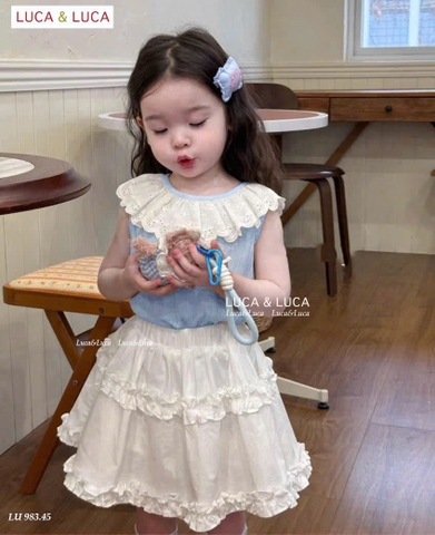 Set áo sát nách xanh phối ren kèm chân váy trắng Luca&Luca