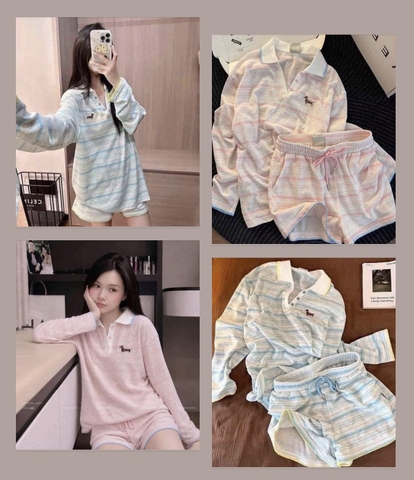 Bộ áo polo dài tay mix quần sooc kẻ sọc ngang thêu hình chó 2 màu xanh, hồng