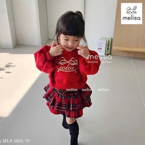 Bộ áo nỉ dài tay đỏ Melisa hình nơ chân váy kẻ caro 2 tầng